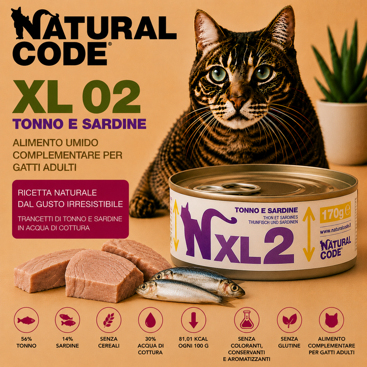 Natural Code XL02 Tonno e Sardine alimento complementare per gatti adulti in lattina da 170 g con 56% tonno e 14% sardine, senza cereali e senza glutine.