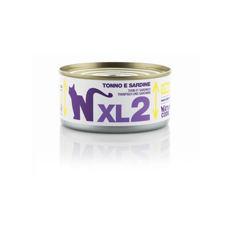 Natural Code XL02 Tonno e Sardine alimento complementare per gatti adulti in lattina da 170 g con 56% tonno e 14% sardine, senza cereali e senza glutine.