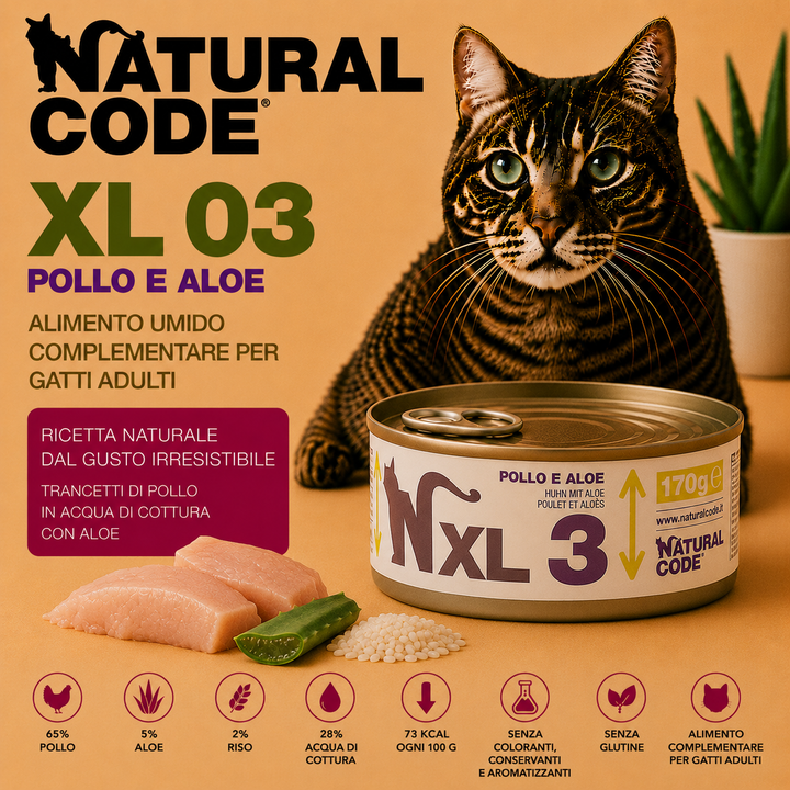 Natural Code XL03 Pollo e Aloe alimento complementare per gatti adulti in lattina da 170 g con 65% pollo, aloe, senza glutine e ingredienti naturali.