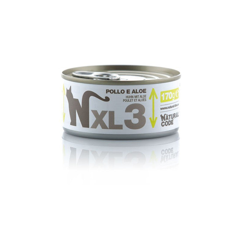 Natural Code XL03 Pollo e Aloe alimento complementare per gatti adulti in lattina da 170 g con 65% pollo, aloe, senza glutine e ingredienti naturali.
