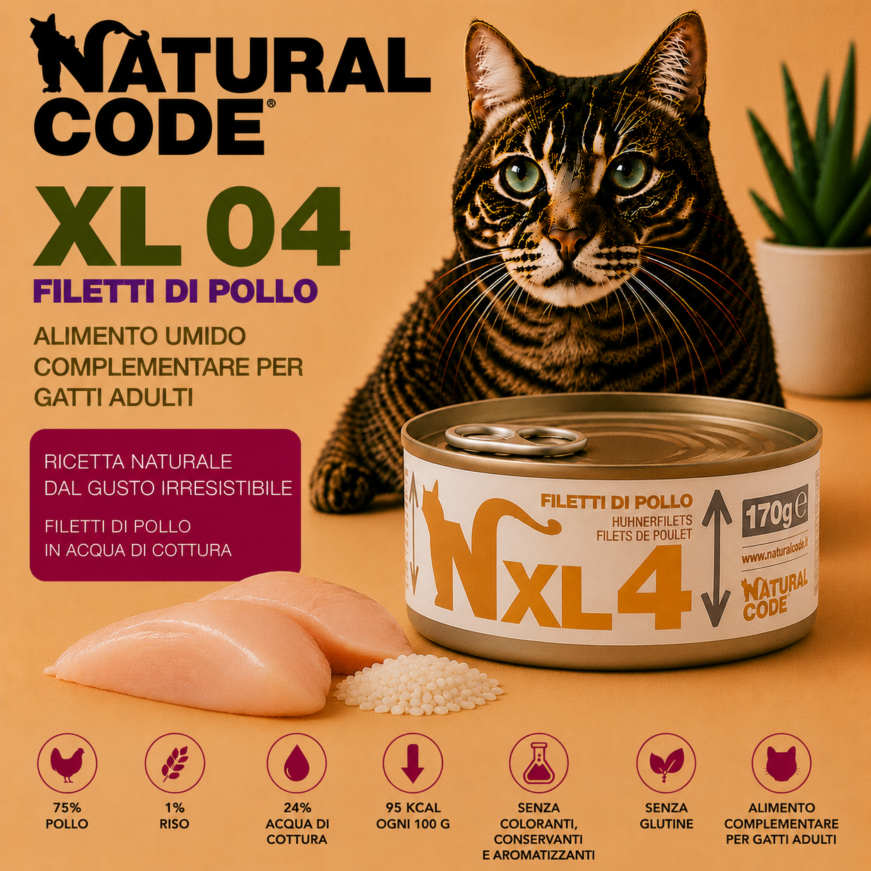 Natural Code XL04 Filetti di Pollo alimento complementare per gatti adulti in lattina da 170 g con 75% pollo allevato a terra, senza glutine e ingredienti naturali.