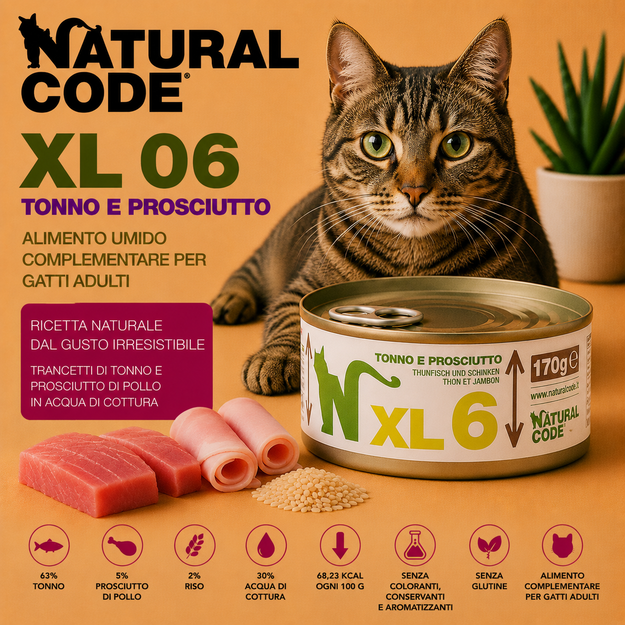 Natural Code XL06 Tonno e Prosciutto 170 g alimento complementare per gatti adulti in lattina