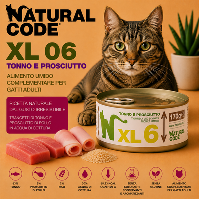 Natural Code XL06 Tonno e Prosciutto 170 g alimento complementare per gatti adulti in lattina