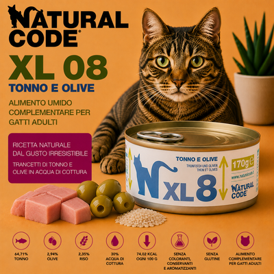 Natural Code XL08 Tonno e Olive alimento complementare per gatti adulti lattina 170 g