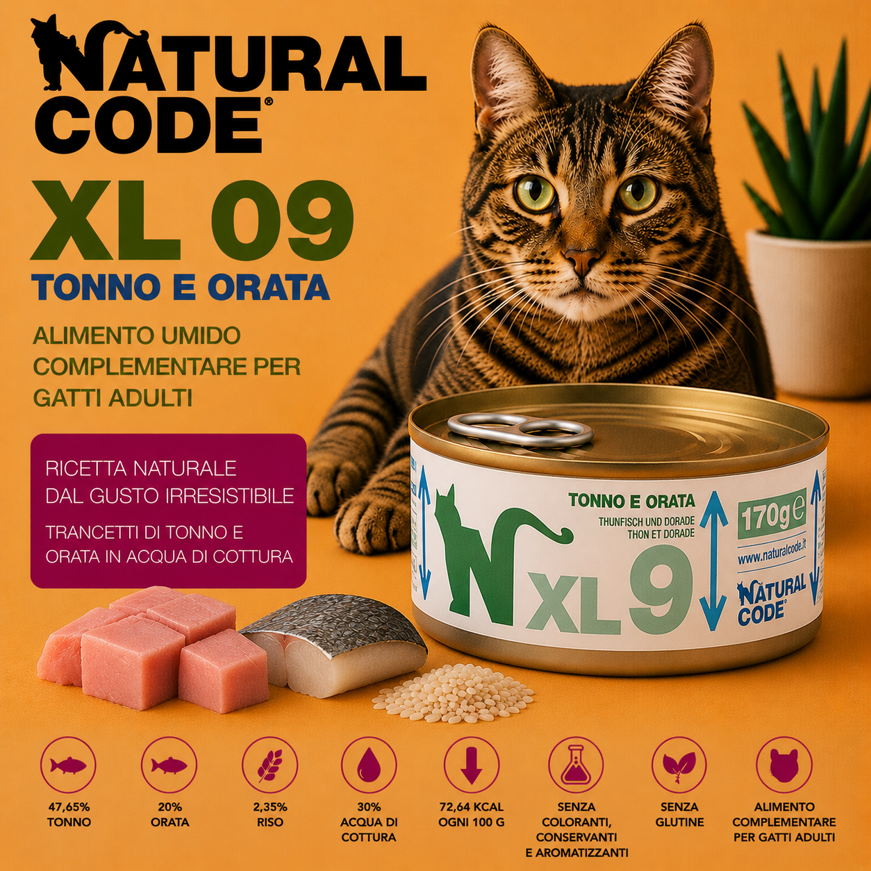 Natural Code XL09 Tonno e Orata alimento umido complementare per gatti adulti lattina da 170 g