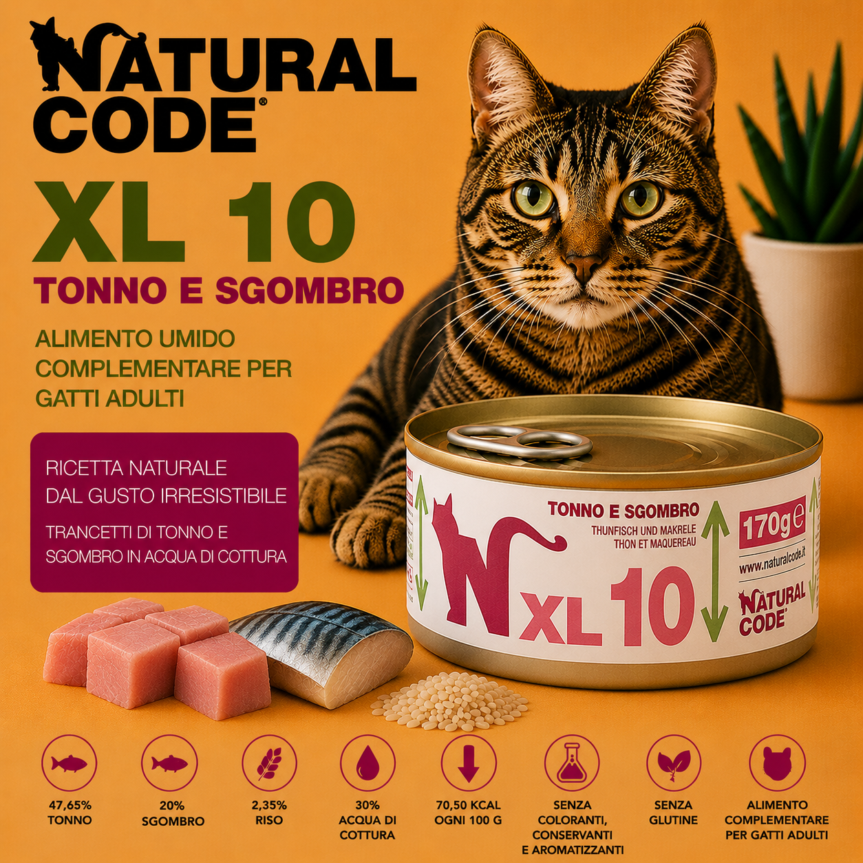Natural Code XL10 Tonno e Sgombro alimento umido complementare per gatti adulti lattina da 170 g Partenopet.