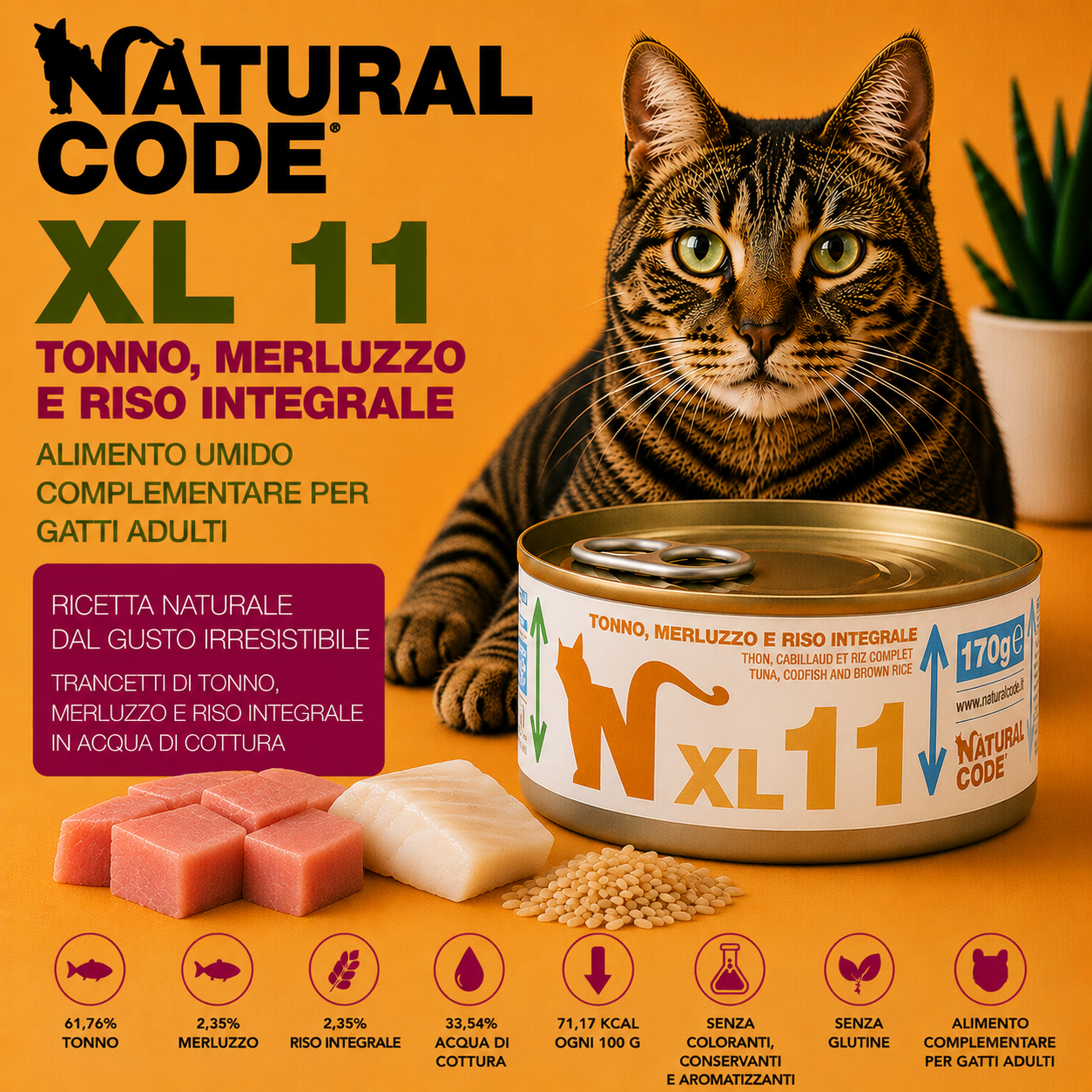 Natural Code XL11 Tonno, Merluzzo e Riso Integrale alimento umido complementare per gatti adulti in lattina da 170 g disponibile su Partenopet.