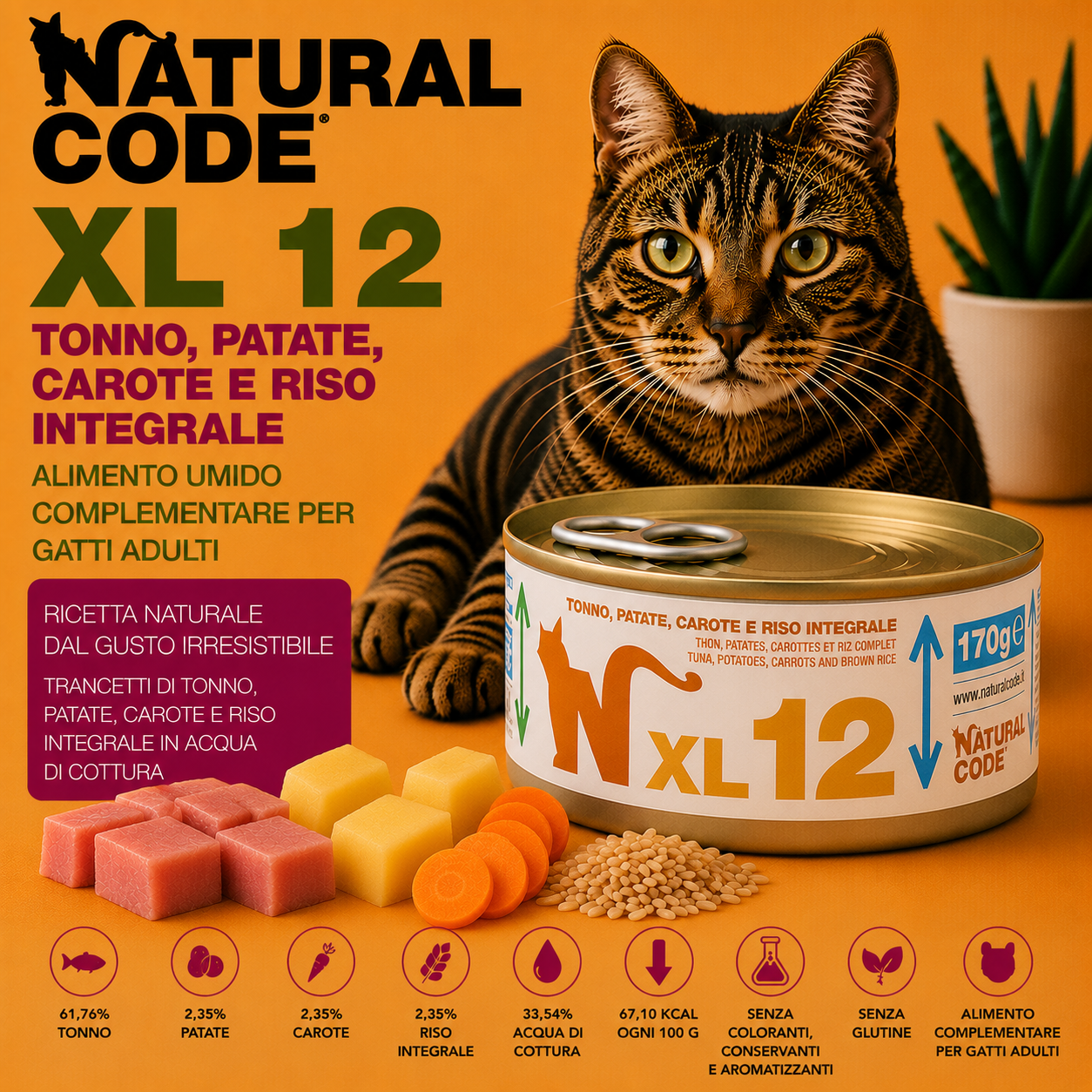 Natural Code XL12 Tonno, Patate, Carote e Riso Integrale alimento umido complementare per gatti adulti in lattina da 170 g disponibile su Partenopet.