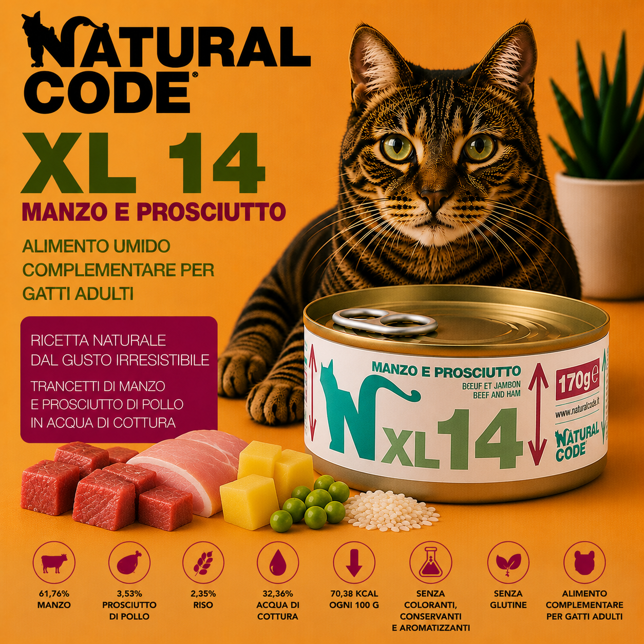 Natural Code XL14 Manzo e Prosciutto 170 g alimento complementare per gatti adulti in lattina disponibile su Partenopet.