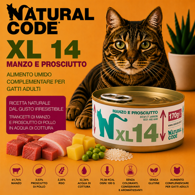 Natural Code XL14 Manzo e Prosciutto 170 g alimento complementare per gatti adulti in lattina disponibile su Partenopet.