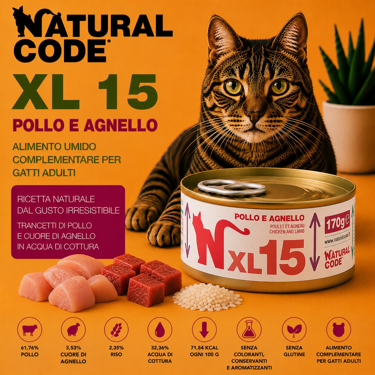 Natural Code XL15 Pollo e Agnello 170g alimento umido complementare per gatti adulti in lattina