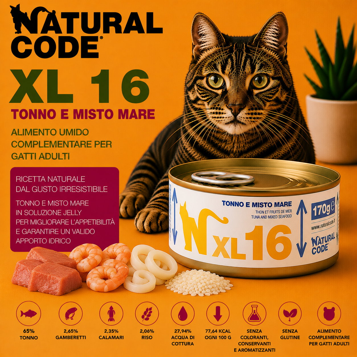 Natural Code XL16 Tonno e Misto Mare 170g alimento umido complementare per gatti adulti in lattina