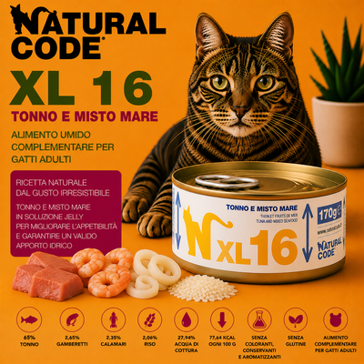 Natural Code XL16 Tonno e Misto Mare 170g alimento umido complementare per gatti adulti in lattina