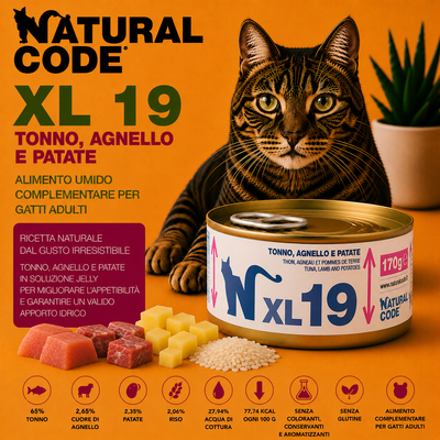 Natural Code XL19 Tonno, Agnello e Patate 170 g alimento complementare per gatti adulti in lattina disponibile su Partenopet.