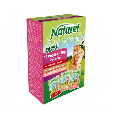 Box in cartone contenente 12 bustine di alimento umido per gatti suddivise in 3 gusti 4 bustine per gusto Naturel