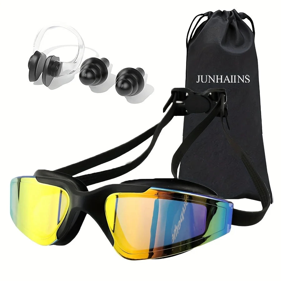 Occhialini nuoto professionali G2427 con lenti azzurre specchiate e montatura nera, design Large Frame per visione 180 gradi, kit con tappi e stringinaso.