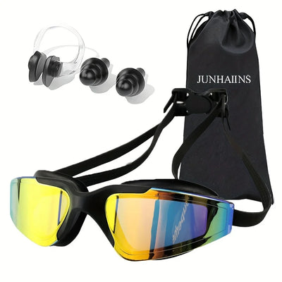 Occhialini nuoto professionali G2427 con lenti azzurre specchiate e montatura nera, design Large Frame per visione 180 gradi, kit con tappi e stringinaso.