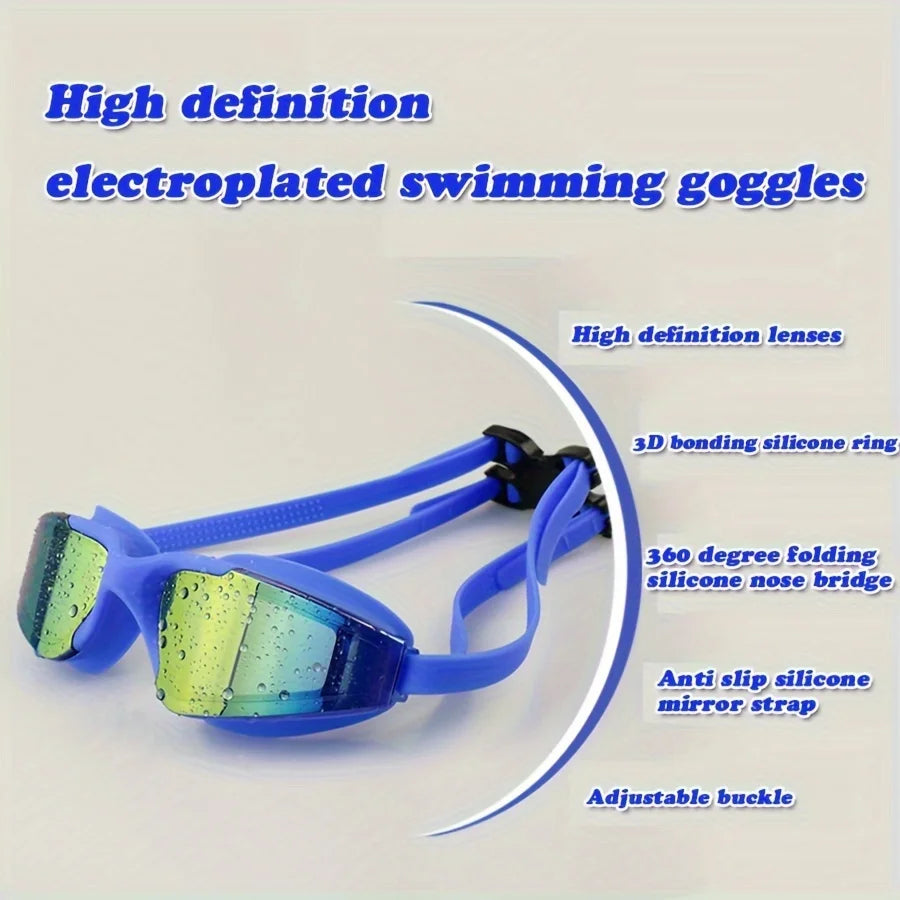 Occhialini nuoto professionali G2427 con lenti azzurre specchiate e montatura nera, design Large Frame per visione 180 gradi, kit con tappi e stringinaso.