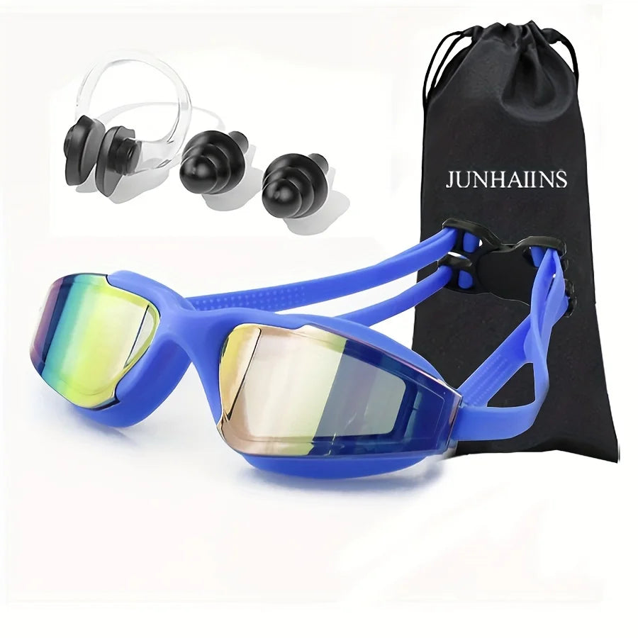 Occhialini nuoto professionali G2427 con lenti azzurre specchiate e montatura nera, design Large Frame per visione 180 gradi, kit con tappi e stringinaso.
