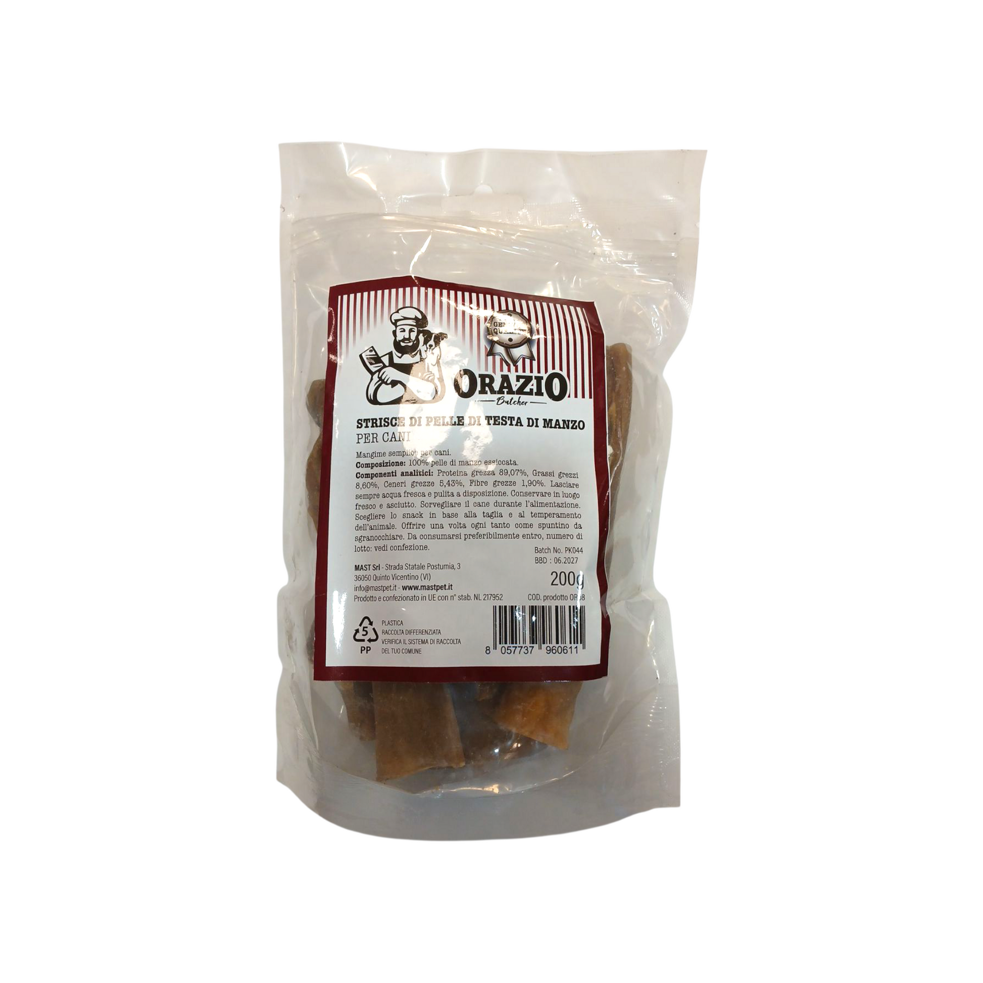 Busta di strisce di pelle di testa di manzo per cani marca Orazio da 200 g