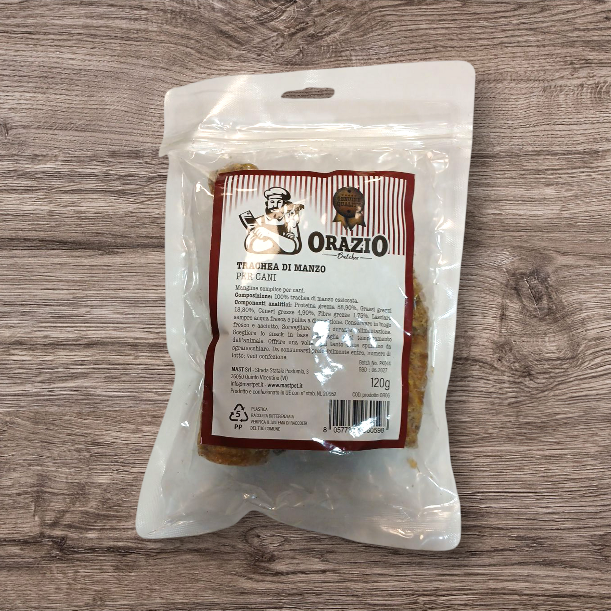 Busta di Trachee di manzo essiccate per cani marca Orazio da 120 g