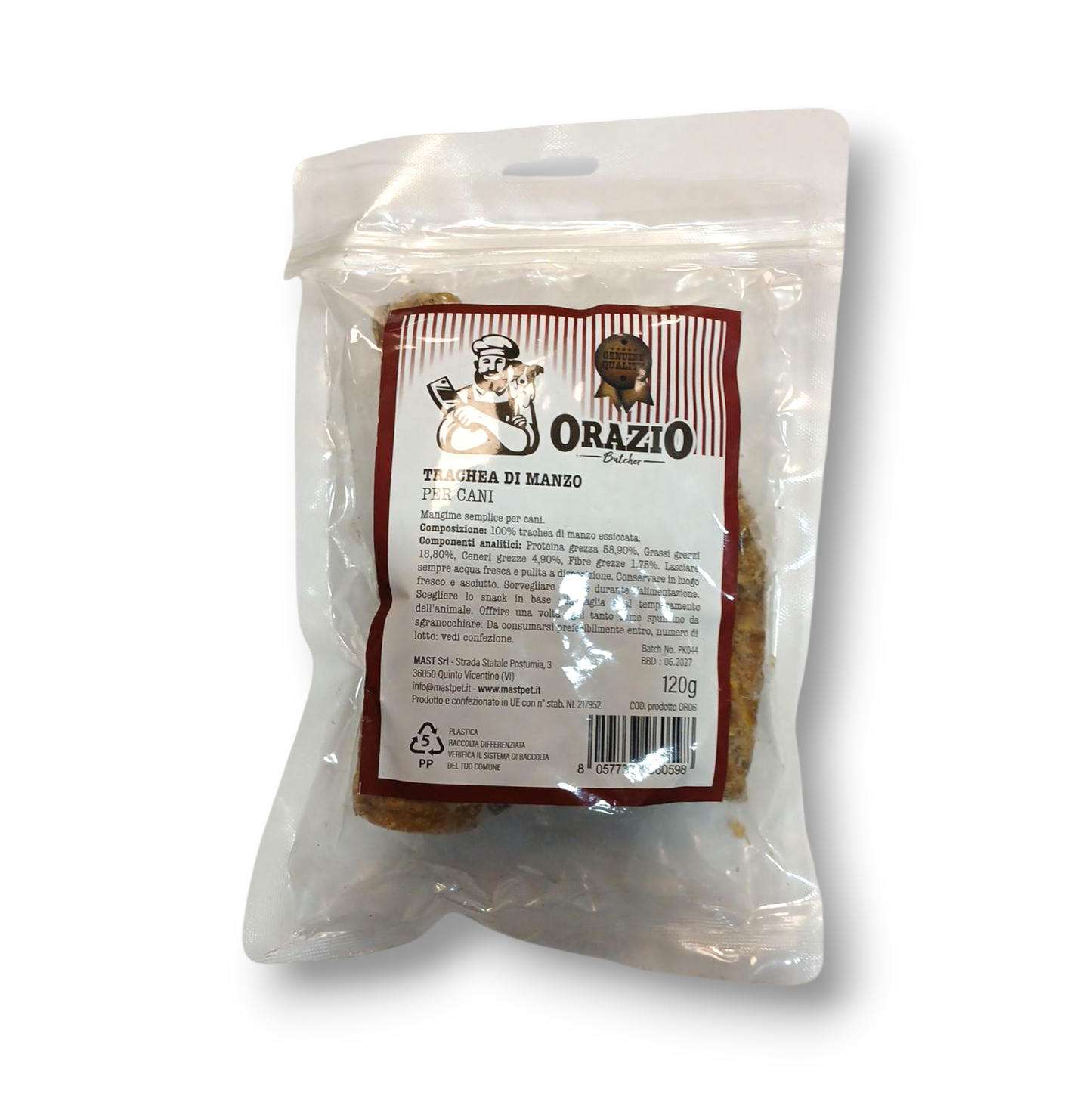 Busta di Trachee di manzo essiccate per cani marca Orazio da 120 g