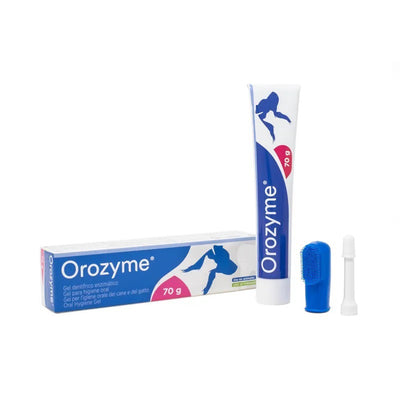Tubetto di dentifricio in gel per la pulizia dei denti di cani e gatti. Confezione contente tubetto di dentifricio da 70 g, applicatore a imbuto e spazzolino a ditale. Marca Orozyme