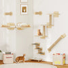 Percorso a parete per gatti in legno composto da 7 pezzi: mensole angolari, scale per arrampicata e tiragraffi verticali fissati al muro, design moderno salvaspazio.