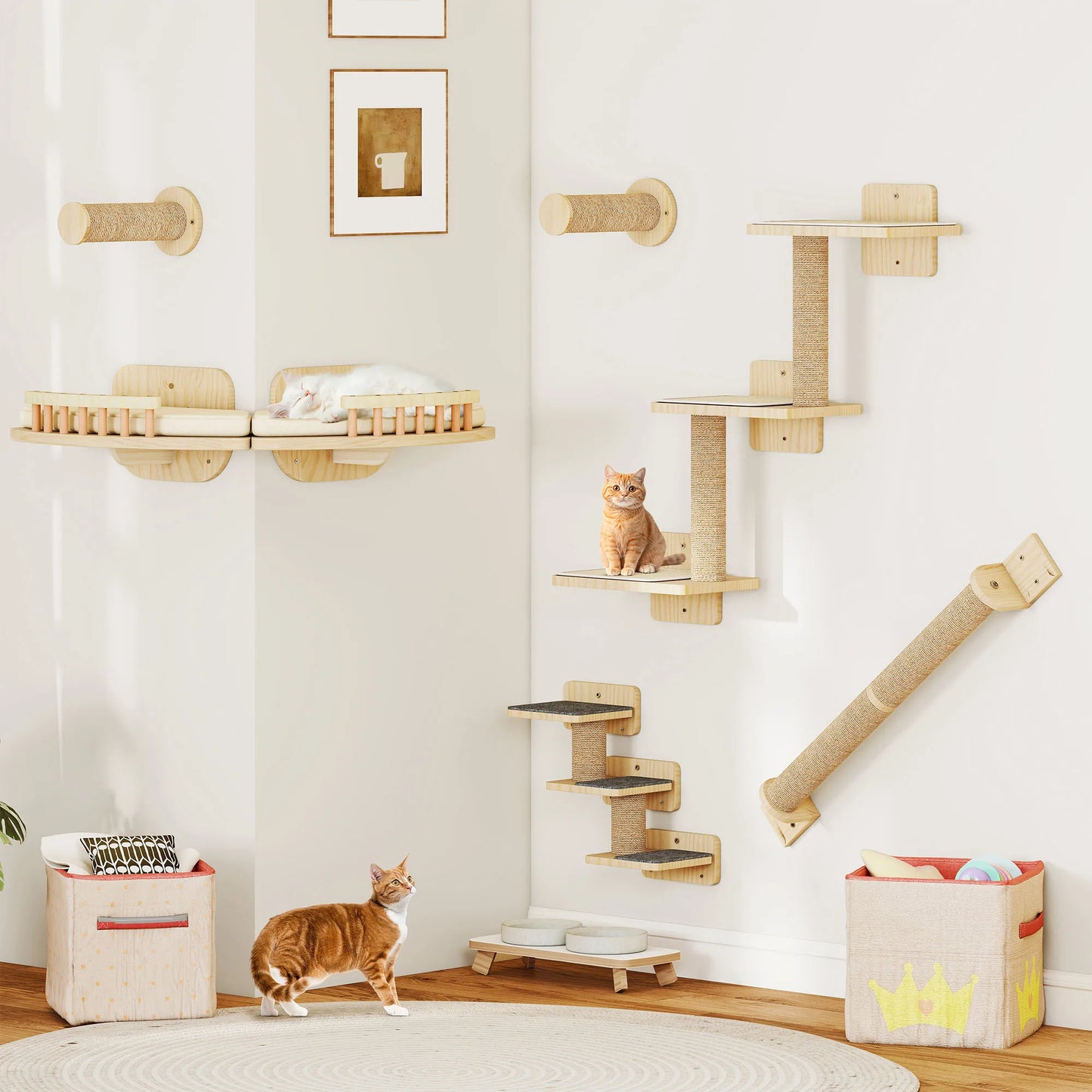 Percorso a parete per gatti in legno composto da 7 pezzi: mensole angolari, scale per arrampicata e tiragraffi verticali fissati al muro, design moderno salvaspazio.