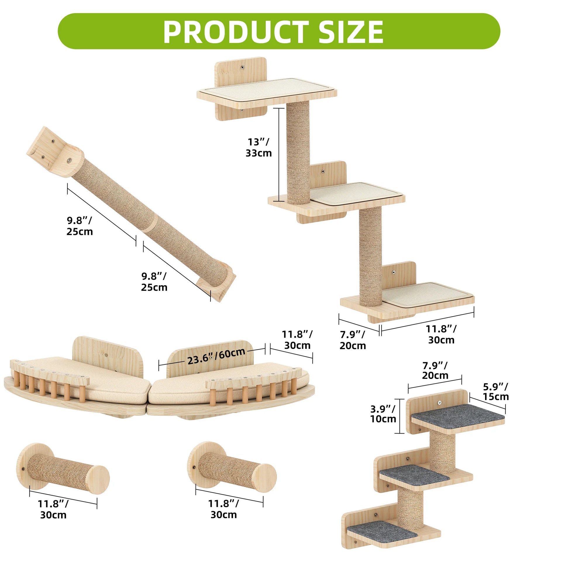 Percorso a parete per gatti in legno composto da 7 pezzi: mensole angolari, scale per arrampicata e tiragraffi verticali fissati al muro, design moderno salvaspazio.