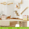 Percorso a parete per gatti in legno composto da 7 pezzi: mensole angolari, scale per arrampicata e tiragraffi verticali fissati al muro, design moderno salvaspazio.