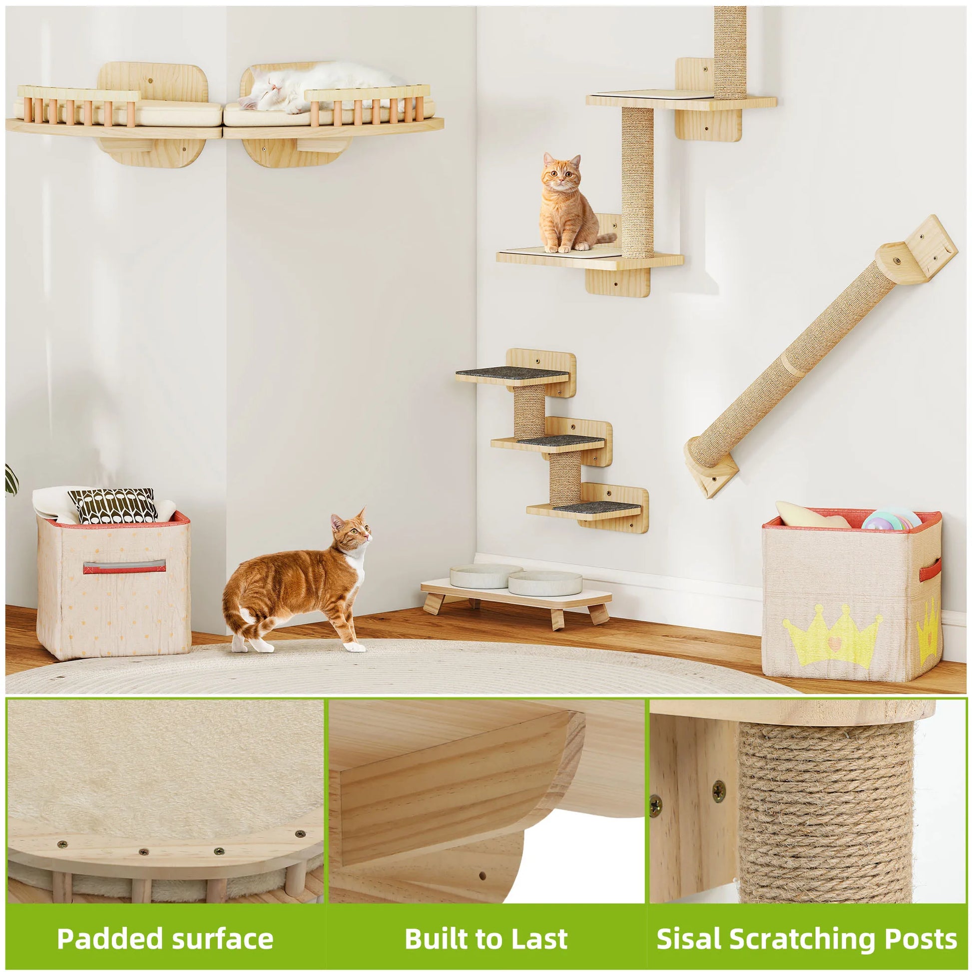 Percorso a parete per gatti in legno composto da 7 pezzi: mensole angolari, scale per arrampicata e tiragraffi verticali fissati al muro, design moderno salvaspazio.