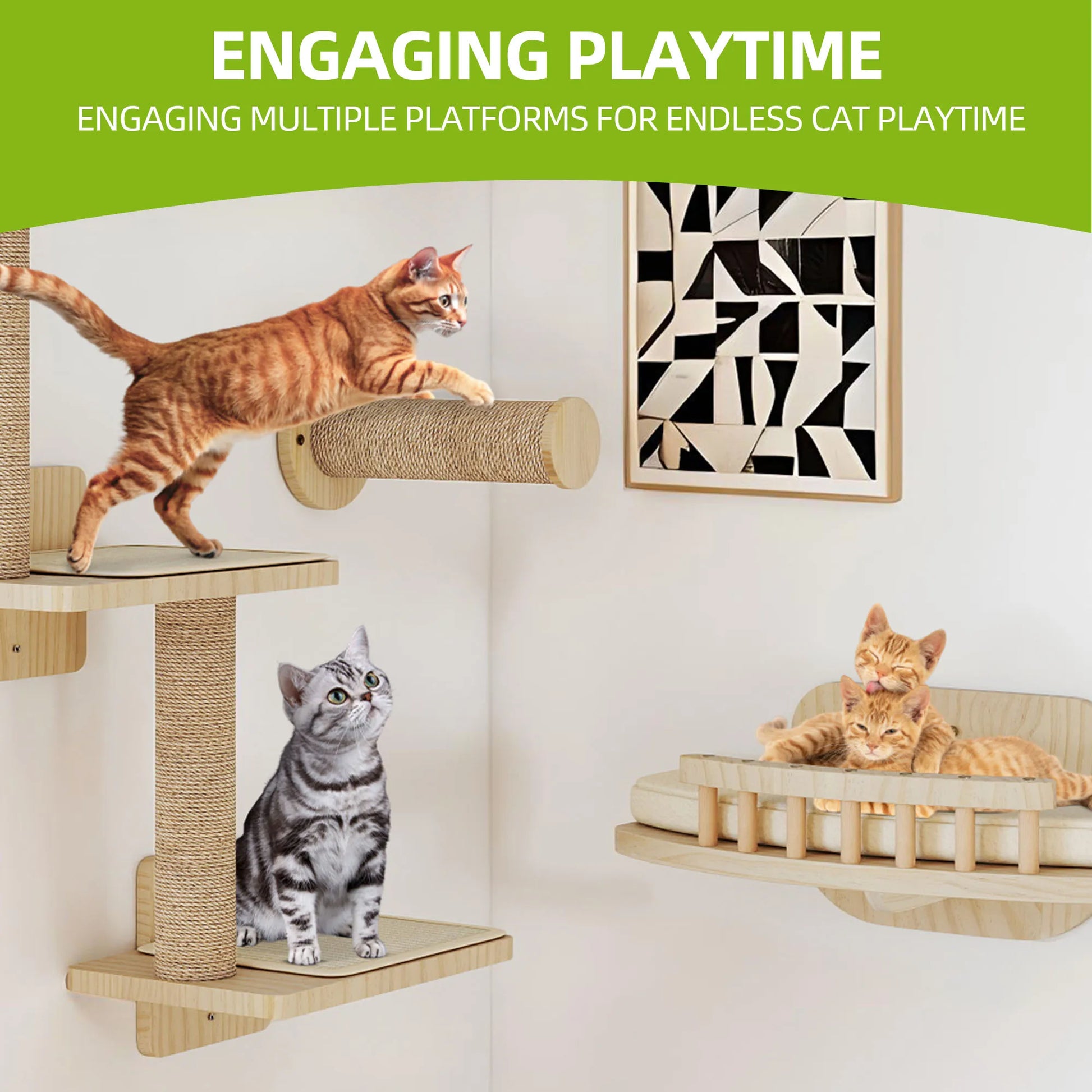 Percorso a parete per gatti in legno composto da 7 pezzi: mensole angolari, scale per arrampicata e tiragraffi verticali fissati al muro, design moderno salvaspazio.