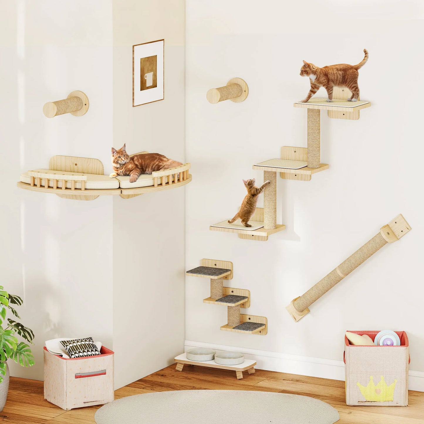 Percorso a parete per gatti in legno composto da 7 pezzi: mensole angolari, scale per arrampicata e tiragraffi verticali fissati al muro, design moderno salvaspazio.