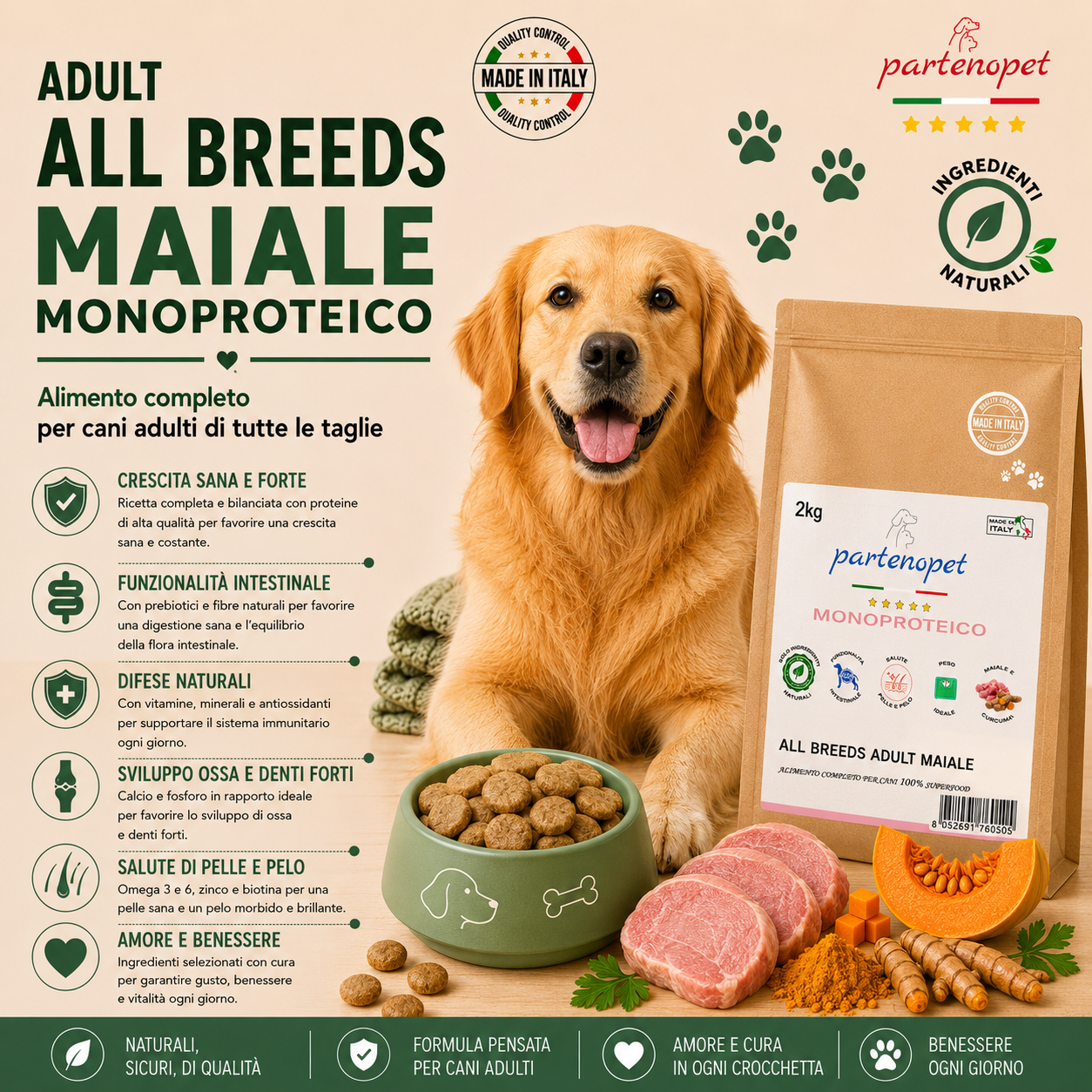 Partenopet Adult All Breeds Mono Maiale e Zucca Crocchette per Cani 100% Naturali 2 kg - Partenopet