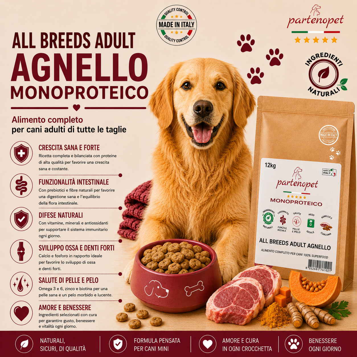 Partenopet Adult All Breeds Monoproteico Agnello e Zucca Crocchette per Cani 100% Naturali 12 kg - Partenopet