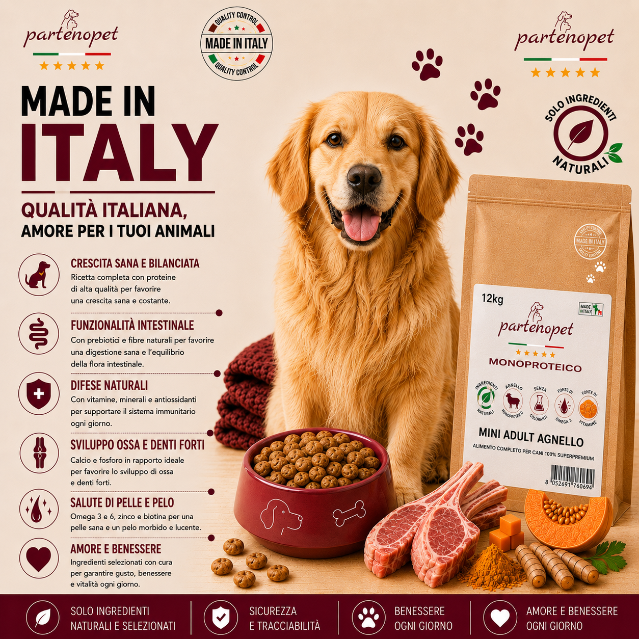 Partenopet Adult All Breeds Monoproteico Agnello e Zucca Crocchette per Cani 100% Naturali 12 kg - Partenopet