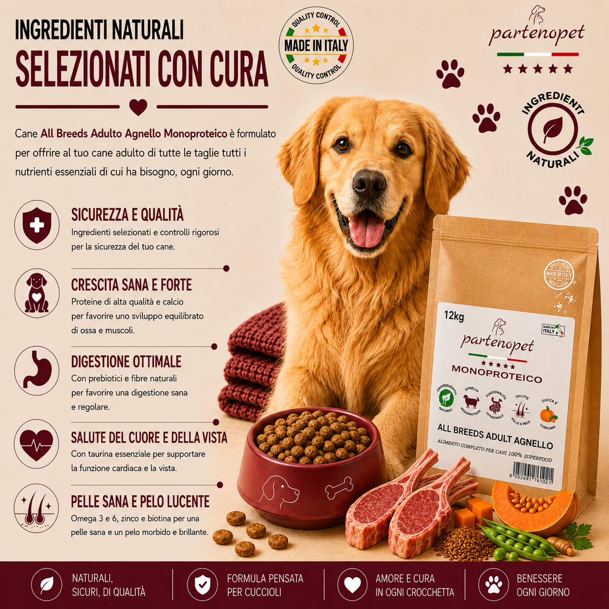 Partenopet Adult All Breeds Monoproteico Agnello e Zucca Crocchette per Cani 100% Naturali 12 kg - Partenopet