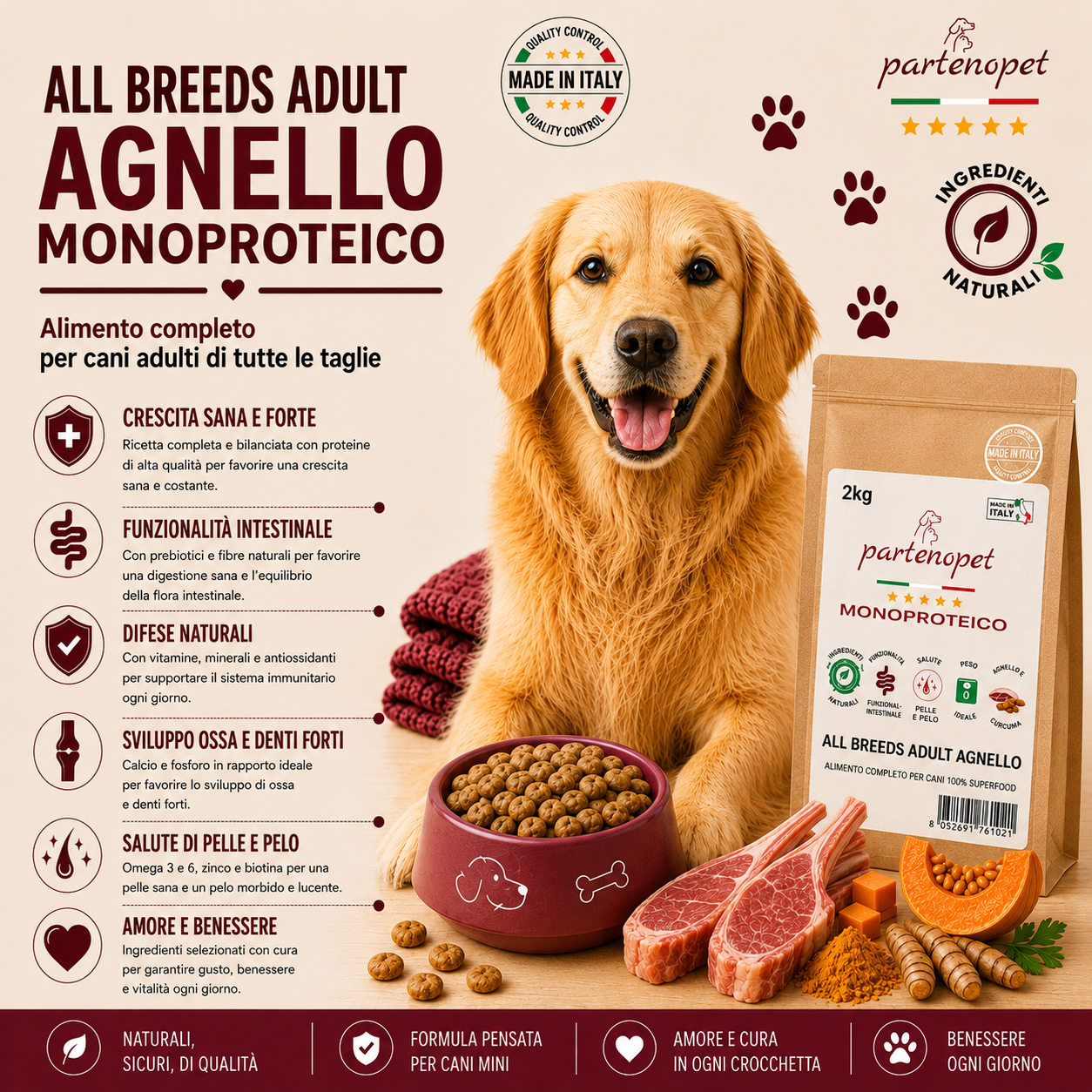 Partenopet Adult All Breeds Monoproteico Agnello e Zucca Crocchette per Cani 100% Naturali 2 kg - Partenopet