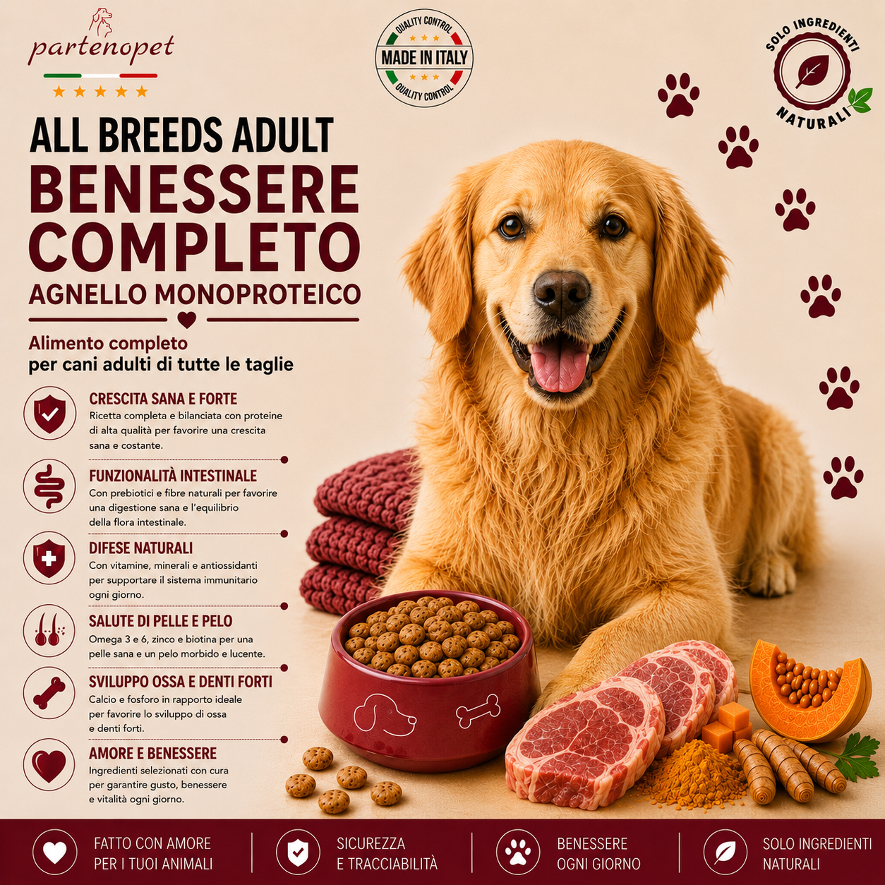 Partenopet Adult All Breeds Monoproteico Agnello e Zucca Crocchette per Cani 100% Naturali 2 kg - Partenopet