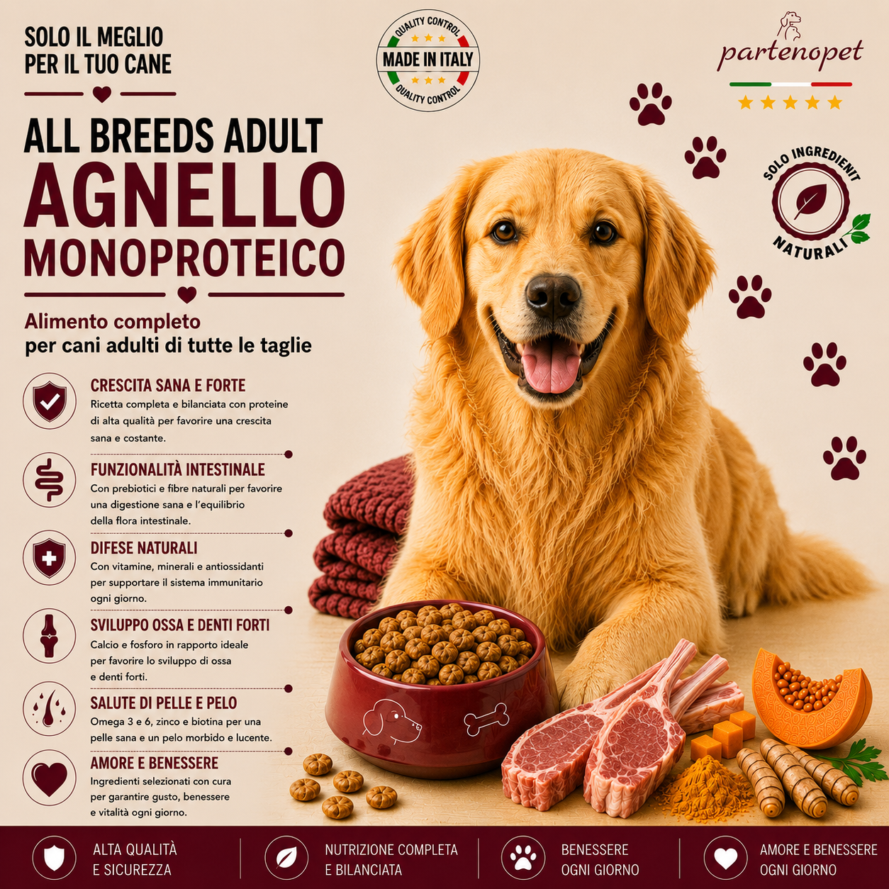 Partenopet Adult All Breeds Monoproteico Agnello e Zucca Crocchette per Cani 100% Naturali 2 kg - Partenopet