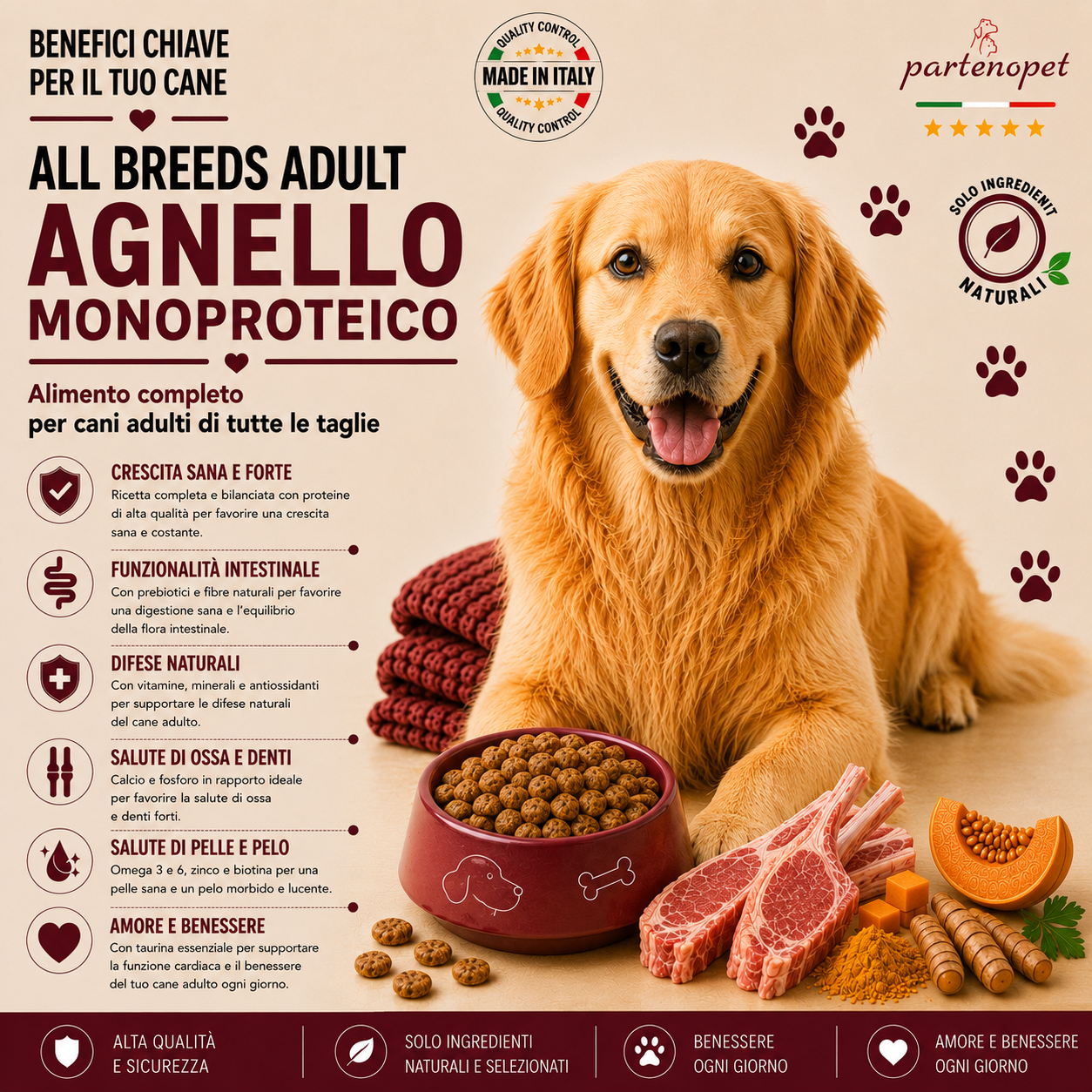 Partenopet Adult All Breeds Monoproteico Agnello e Zucca Crocchette per Cani 100% Naturali 2 kg - Partenopet