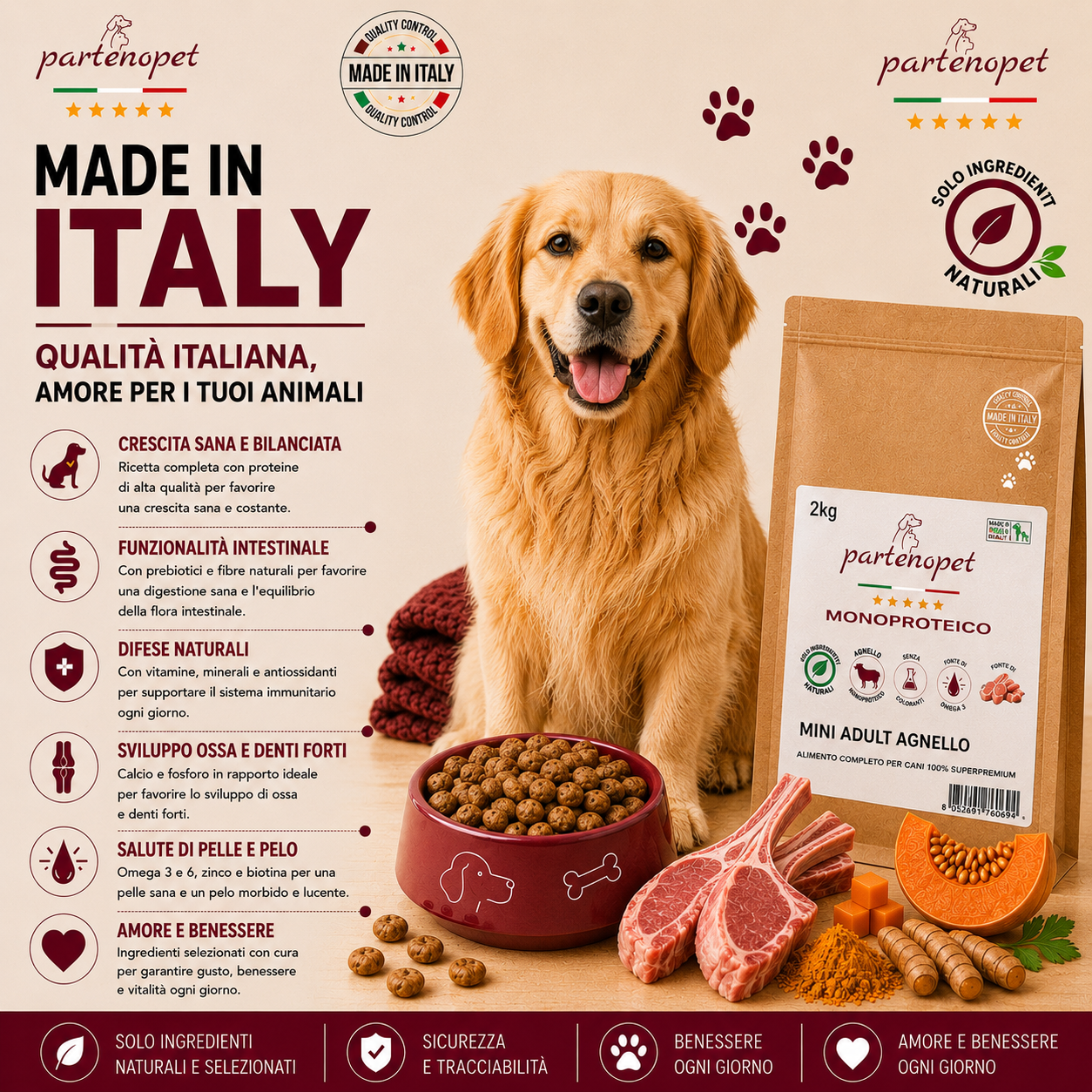 Partenopet Adult All Breeds Monoproteico Agnello e Zucca Crocchette per Cani 100% Naturali 2 kg - Partenopet