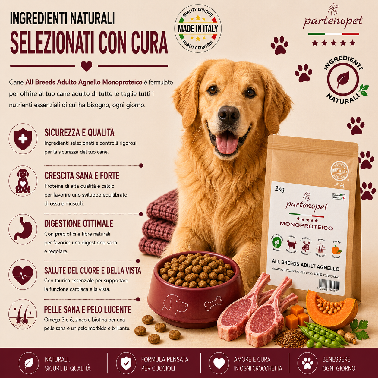Partenopet Adult All Breeds Monoproteico Agnello e Zucca Crocchette per Cani 100% Naturali 2 kg - Partenopet