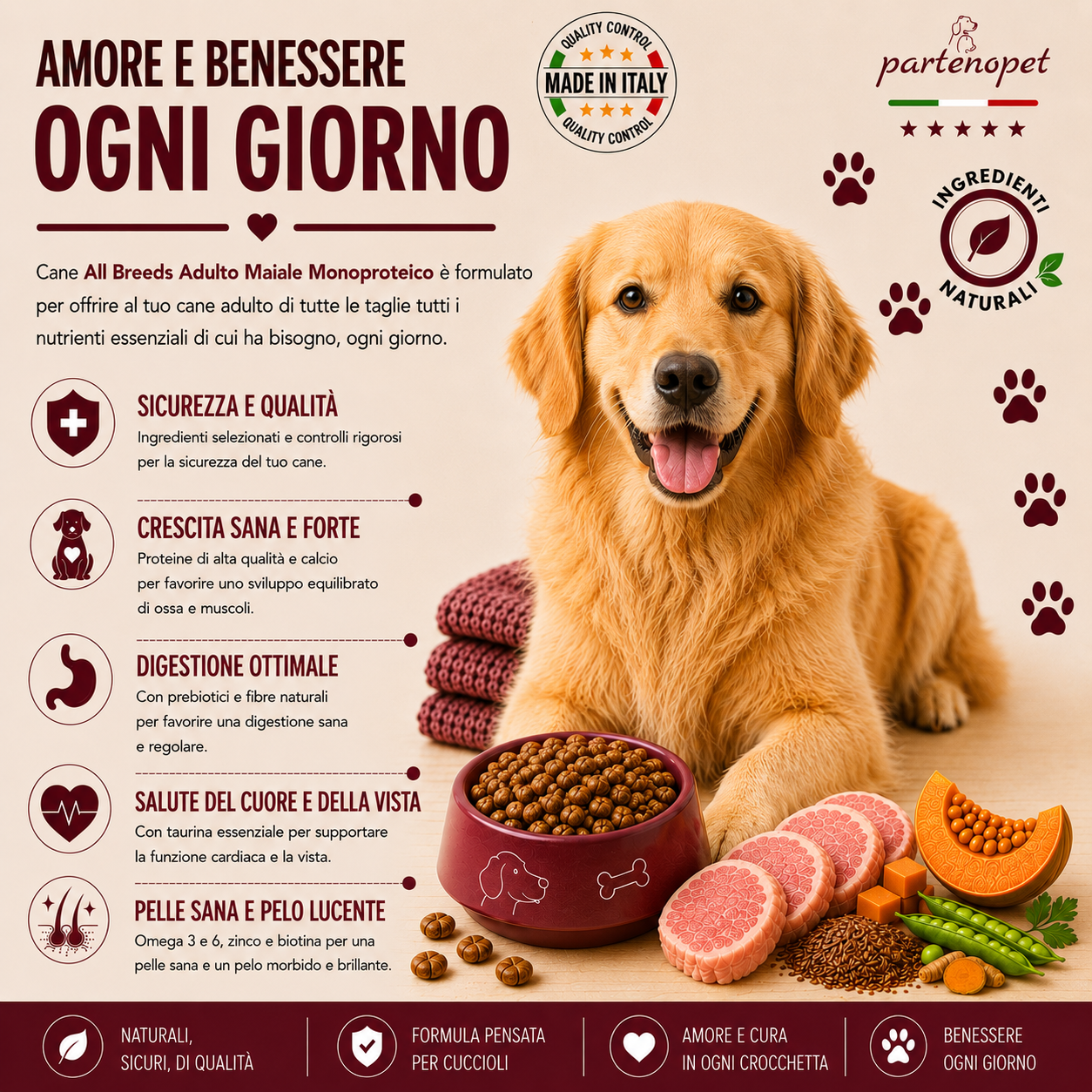 Partenopet Adult All Breeds Monoproteico Agnello e Zucca Crocchette per Cani 100% Naturali 2 kg - Partenopet