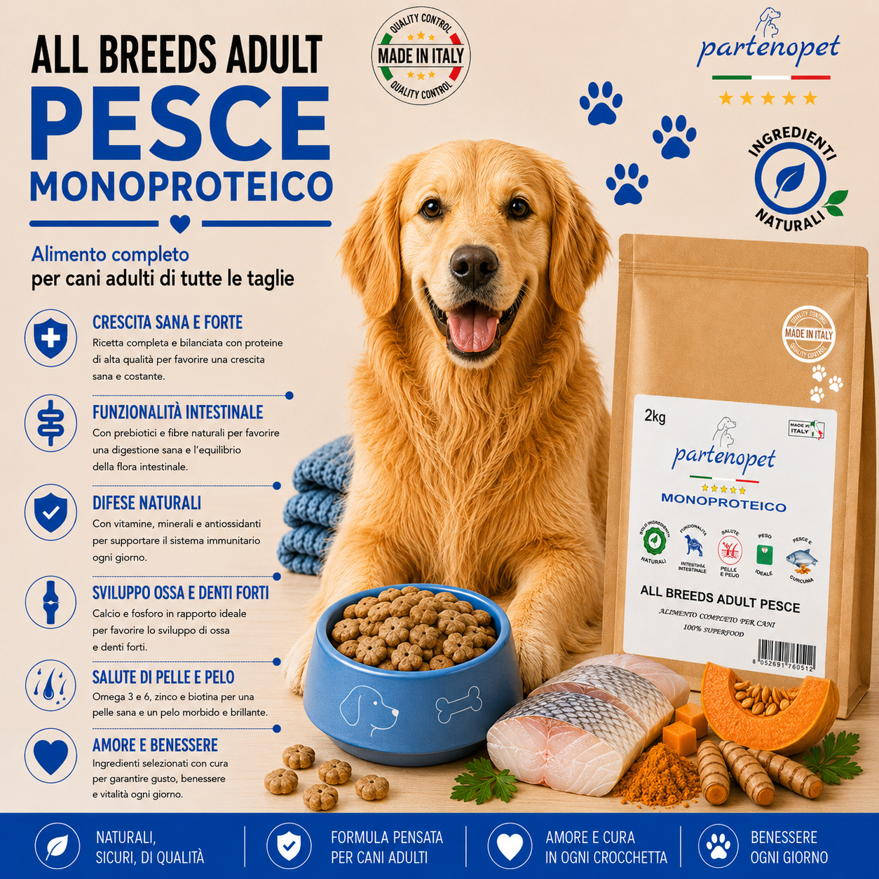 Sacco da 2kg crocchette Partenopet Adult All Breeds Pesce e Zucca, alimento monoproteico naturale per cani dal manto bianco, pressato a freddo, Made in Italy