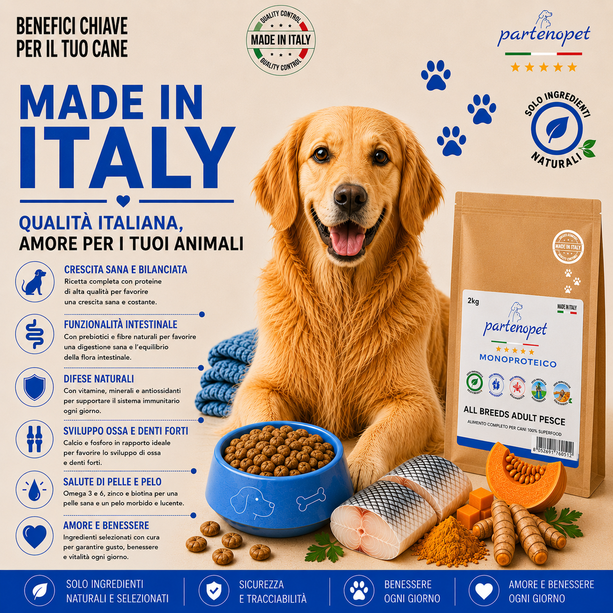 Sacco da 2kg crocchette Partenopet Adult All Breeds Pesce e Zucca, alimento monoproteico naturale per cani dal manto bianco, pressato a freddo, Made in Italy