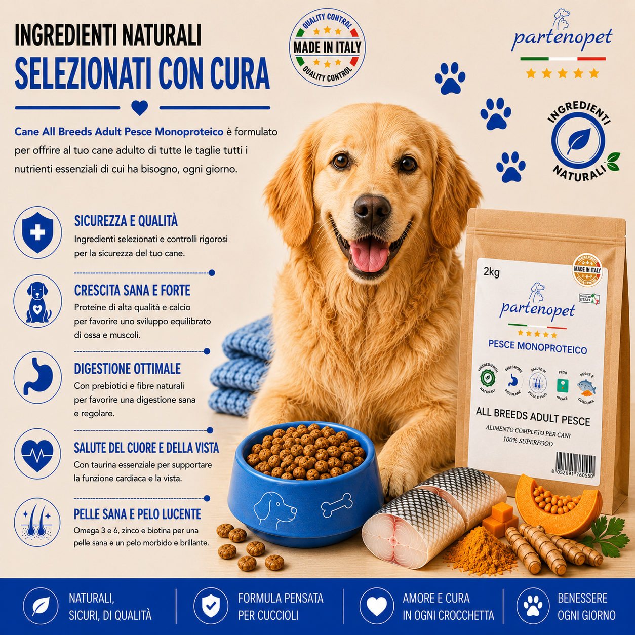 Sacco da 2kg crocchette Partenopet Adult All Breeds Pesce e Zucca, alimento monoproteico naturale per cani dal manto bianco, pressato a freddo, Made in Italy