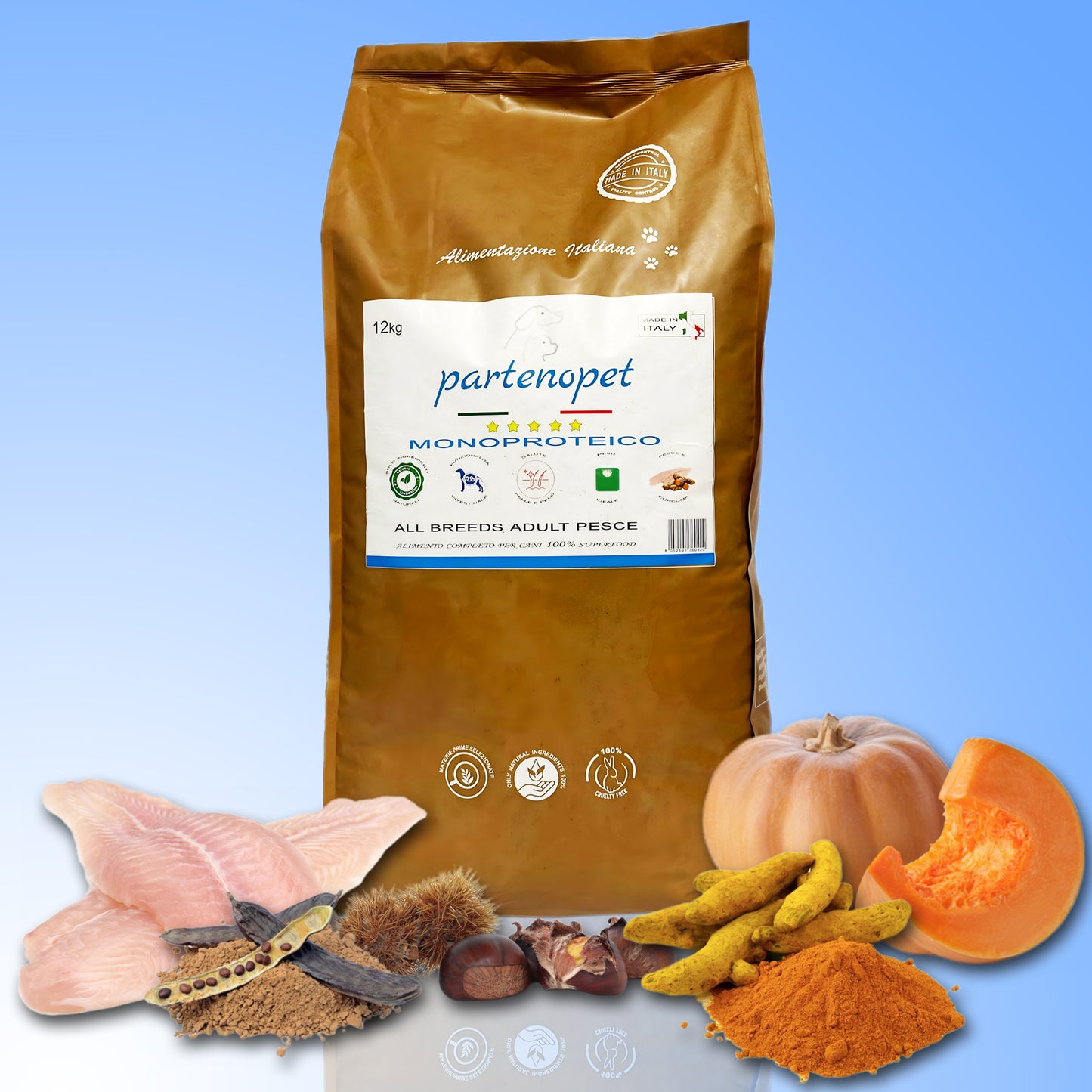 Sacco scorta 12kg crocchette Partenopet Adult All Breeds Pesce e Zucca, alimento naturale per cani dal manto bianco, pressato a freddo, monoproteico e prodotto in Italia.