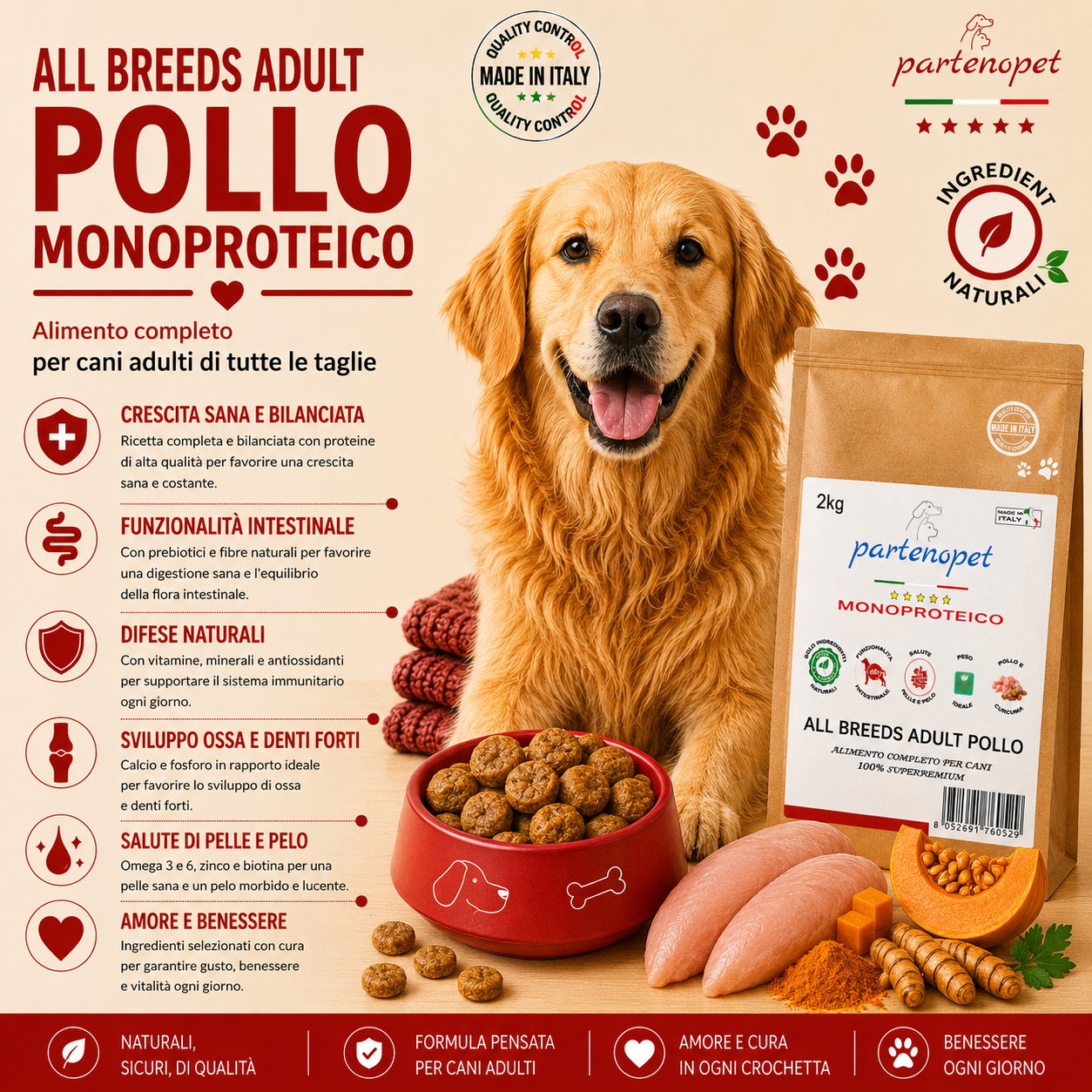 Sacco da 2kg crocchette Partenopet Adult All Breeds Pollo e Zucca, alimento naturale per cani pressato a freddo prodotto in Italia, monoproteico e senza conservanti.